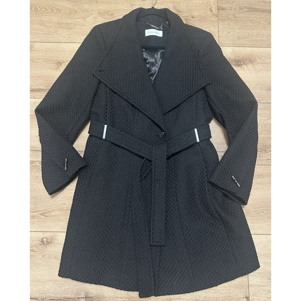 Women’s Calvin Klein Belted Textured Dress Pea Coat Black EUC!